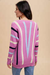 Annie Wear Chevron Stripe Ribbed Sweater - Trendy Round Neck Knitwear
